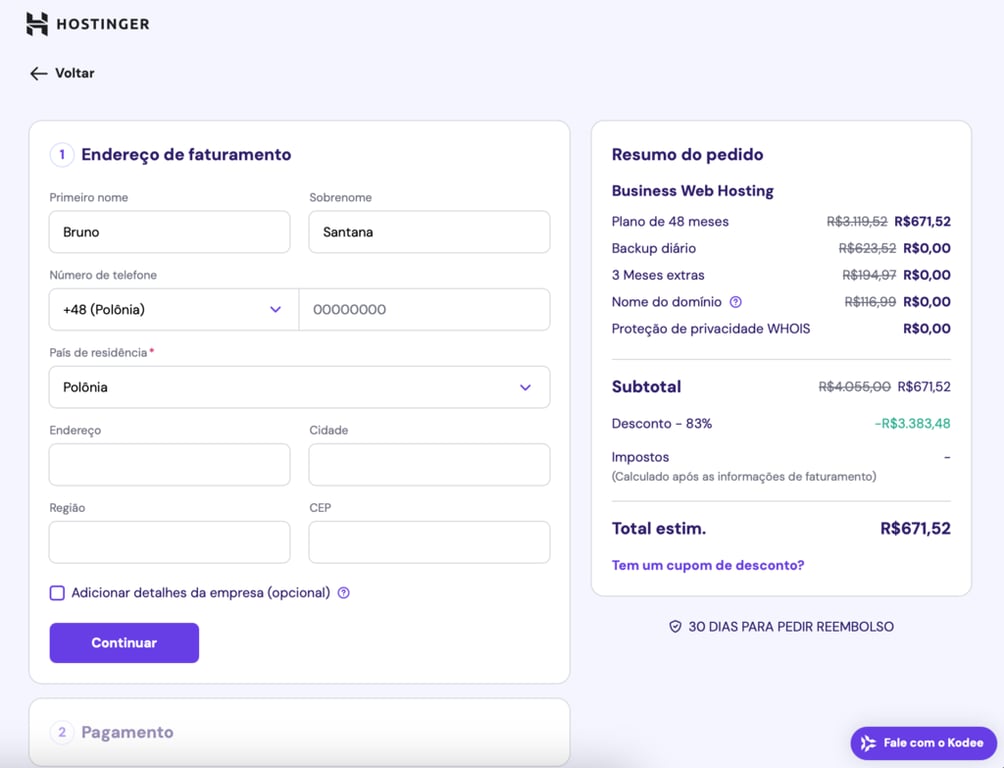 concluindo a compra na hostinger