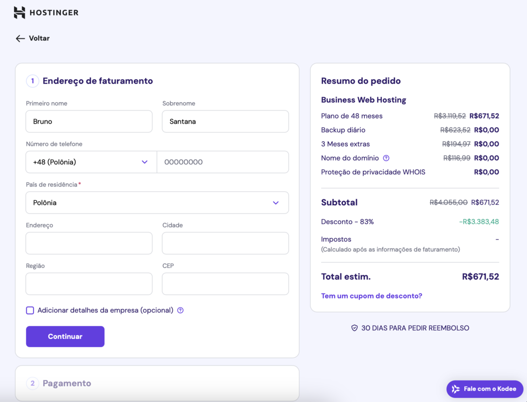 concluindo a compra na hostinger