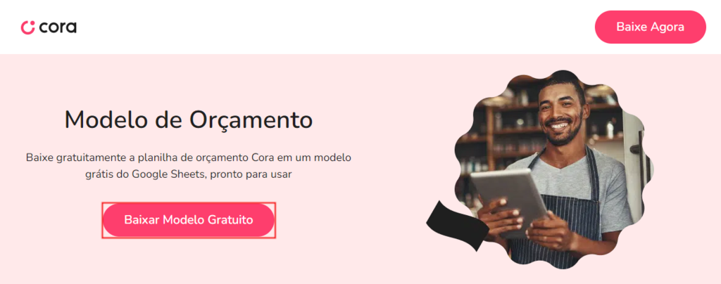 O bot&atilde;o Baixar modelo gratuito destacado na p&aacute;gina do site do modelo de or&ccedil;amento do Cora