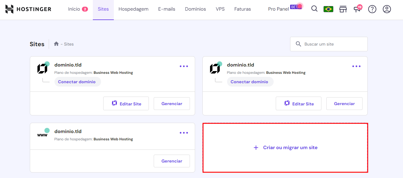 criar ou migrar site no hpanel