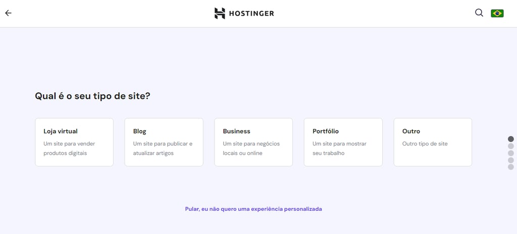 escolhendo o tipo de site no criador de sites da hostinger