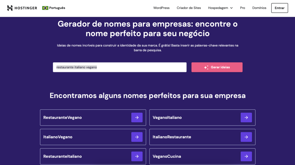 gerador de nomes para empresas da hostinger