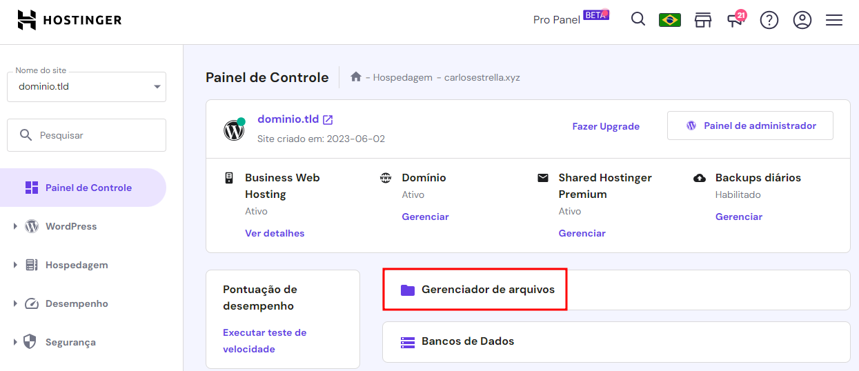Painel de gest&atilde;o de hospedagem da Hostinger com o bot&atilde;o do Gerenciador de arquivos em destaque