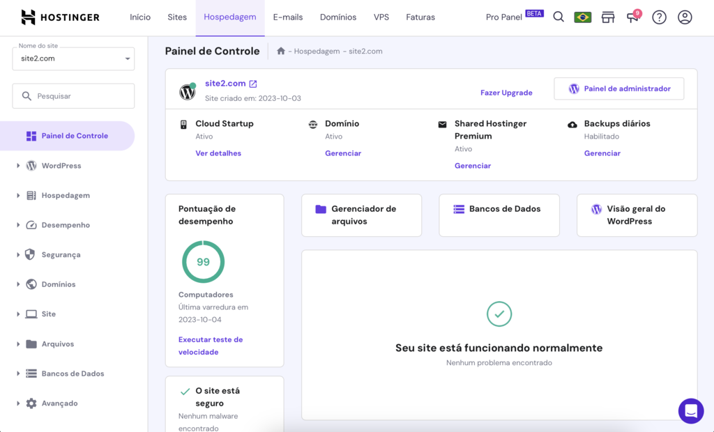 visão geral da hospedagem no hpanel