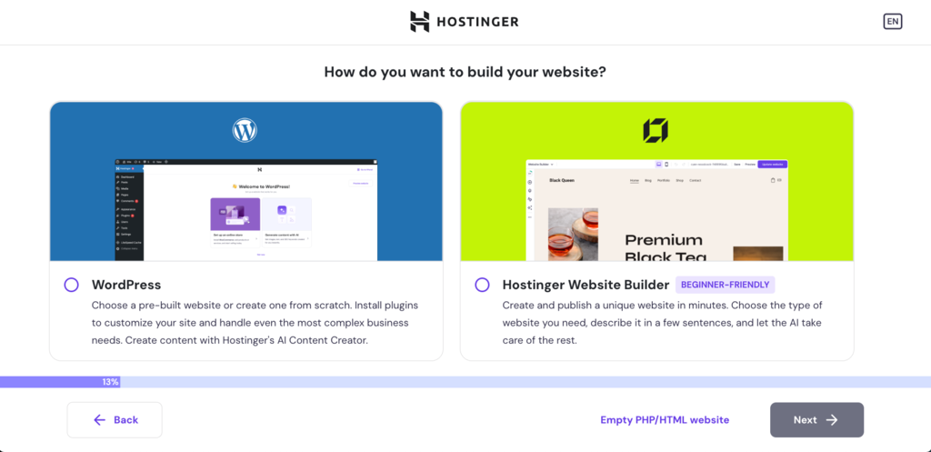 escolhendo entre wordpress e criador de sites da hostinger no hpanel