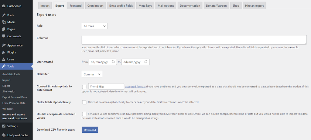 Tela de configura&ccedil;&atilde;o do plugin Import and Export Users and Customers