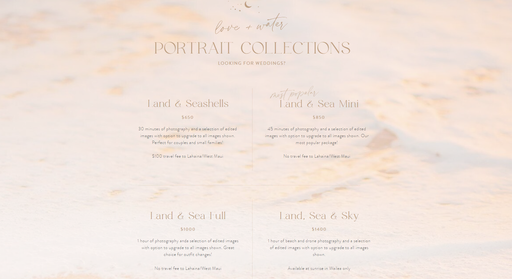 tabela de servi&ccedil;os e pre&ccedil;os da empresa de fotografia land+water