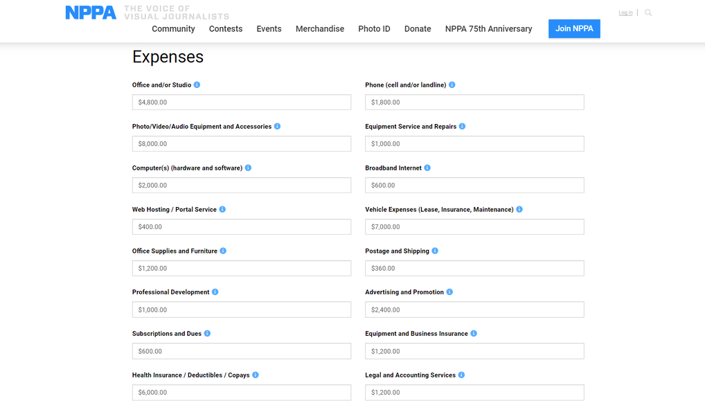 calculadora de pre&ccedil;os e servi&ccedil;os para fot&oacute;grafos da nppa
