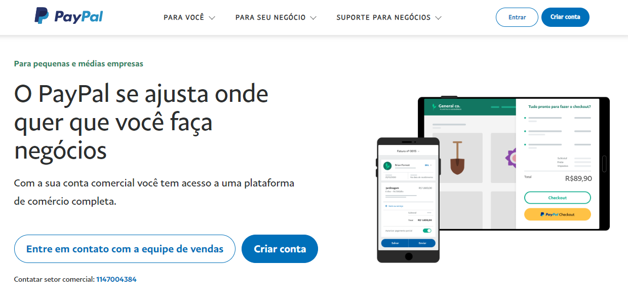P&aacute;gina inicial do PayPal para empresas no Brasil