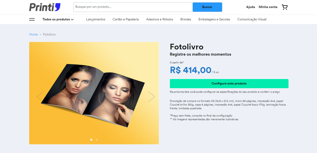 p&aacute;gina do site printi oferecendo fotolivro