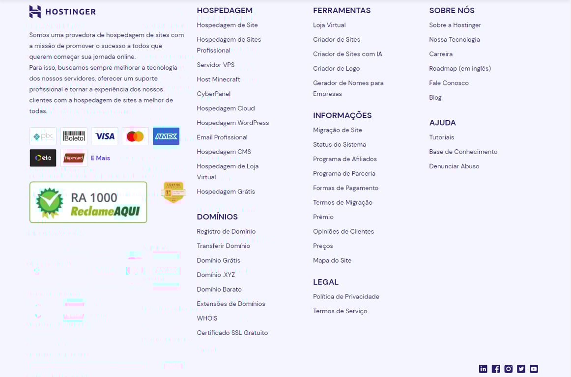 Rodap&eacute; do site da Hostinger, onde o usu&aacute;rio pode encontrar todas as informa&ccedil;&otilde;es mais importantes