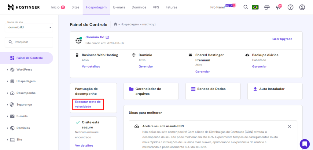Seção Pontuação de Desempenho no hPanel