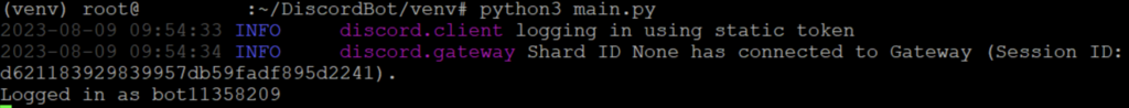confirma&ccedil;ao no terminal de instala&ccedil;&atilde;o do bot discord