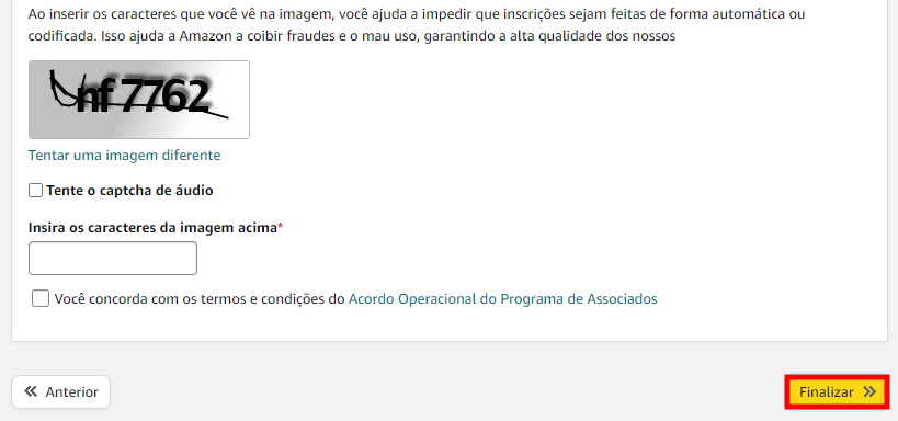 Tela de finaliza&ccedil;&atilde;o de cadastro nos associados amazon