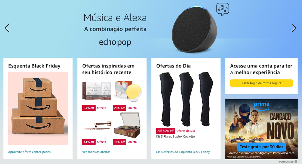Página inicial da Amazon com propaganda da Alexa, Esquenta para a Black Friday e ofertas baseadas no histórico recente do usuário