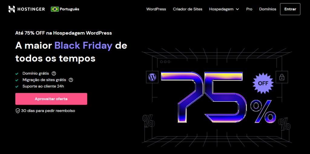 P&aacute;gina inicial da Hospedagem WordPress da Hostinger com a propaganda de Black Friday
