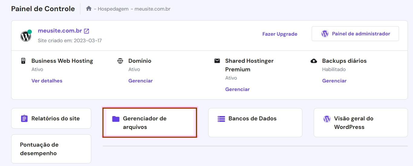 Painel de controle da Hostinger com o Gerenciador de arquivos destacado