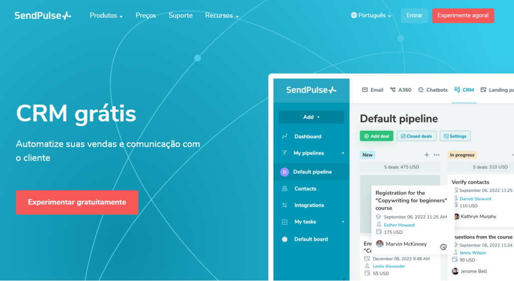 CRM de vendas Sendpulse, que oferece a possibilidade de um n&uacute;mero ilimitado de agentes de chat em tempo real