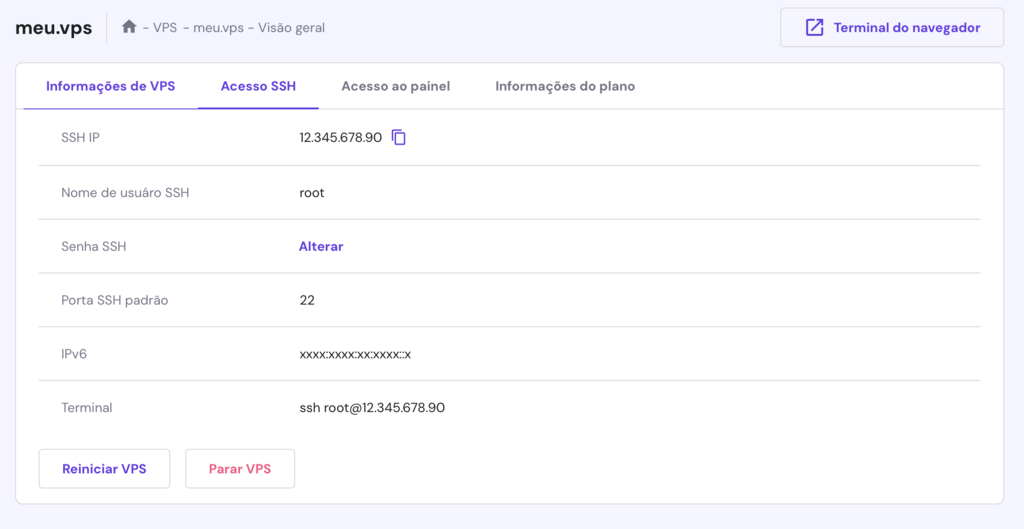 vis&atilde;o geral de vps no hpanel