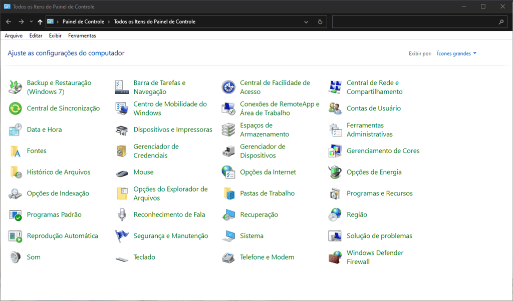 painel de controle do windows