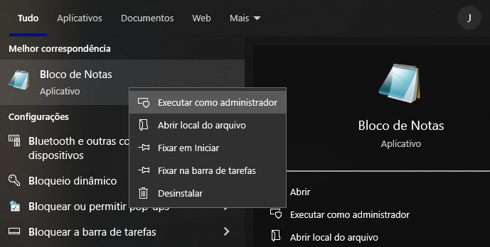 rodando bloco de notas como administrador no windows