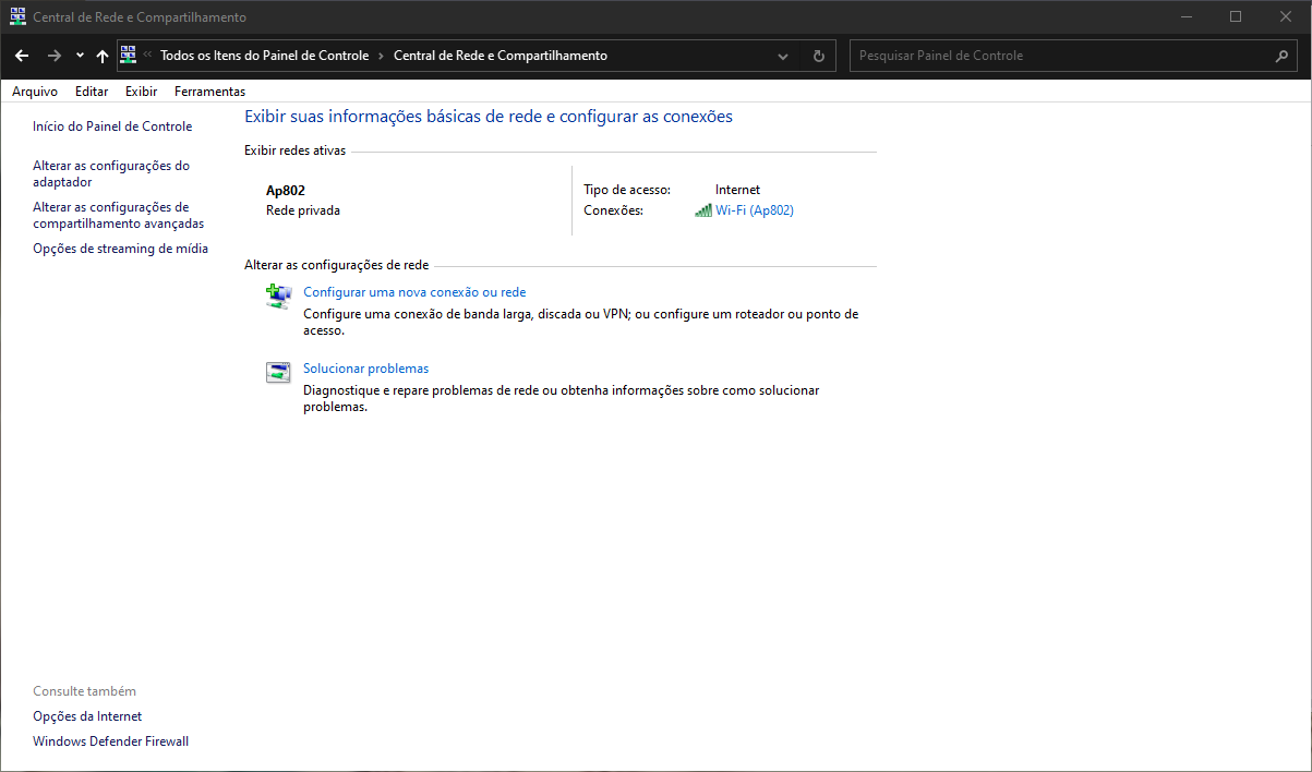 central de rede e compartilhamento do windows