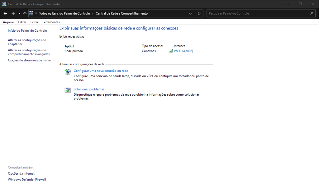 central de rede e compartilhamento do windows