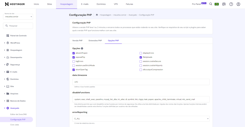Seção de configuração do PHP no hPanel.