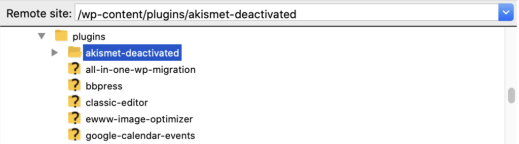 desativando plugin akismet no filezilla