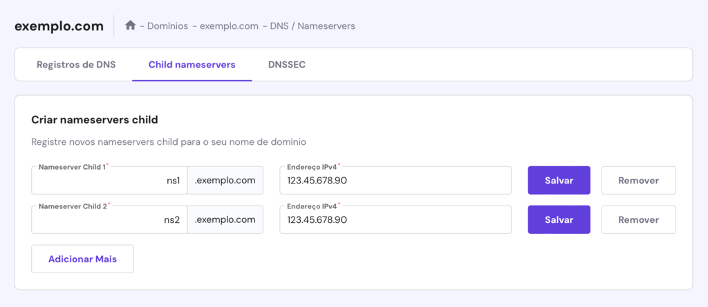 criando child nameservers no hpanel