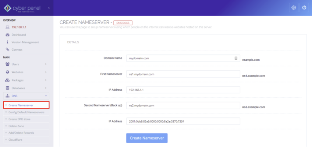 criando nameserver no cyberpanel