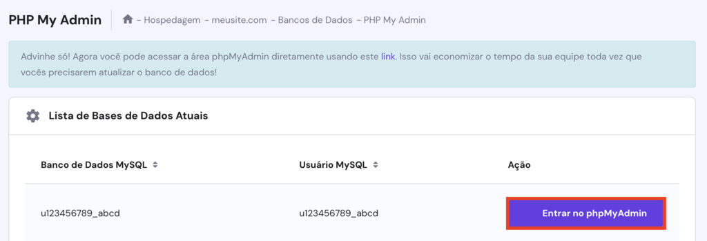 entrar no phpmyadmin pelo hpanel