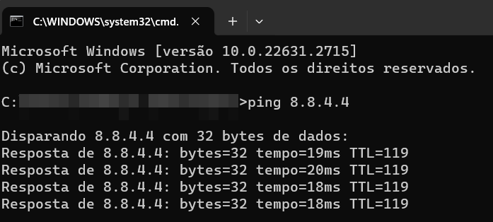 Execução do comando ping no prompt de comando do Windows