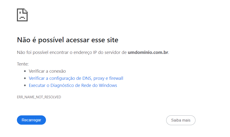 A página ERR_NAME_NOT_RESOLVED no Google Chrome