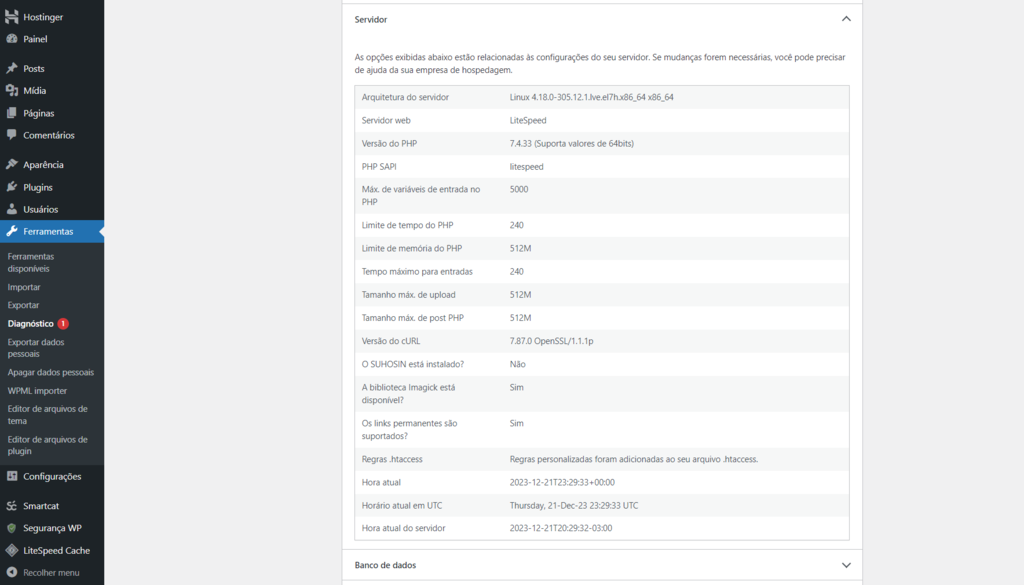 Página Diagnóstico no WordPress