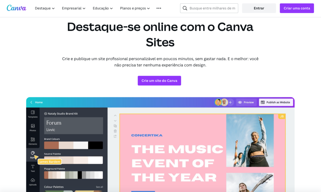 página inicial do criador de site do canva