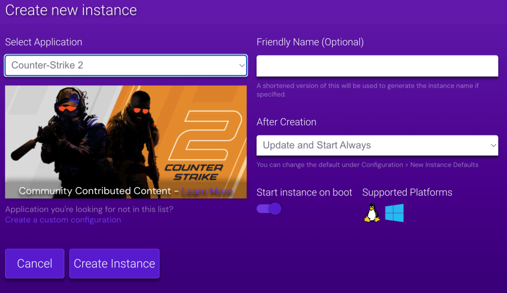 criando inst&acirc;ncia do cs2 no painel de jogos da hostinger
