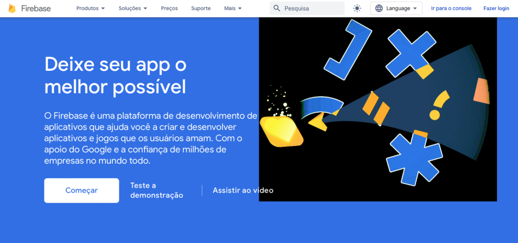página home da ferramenta firebase
