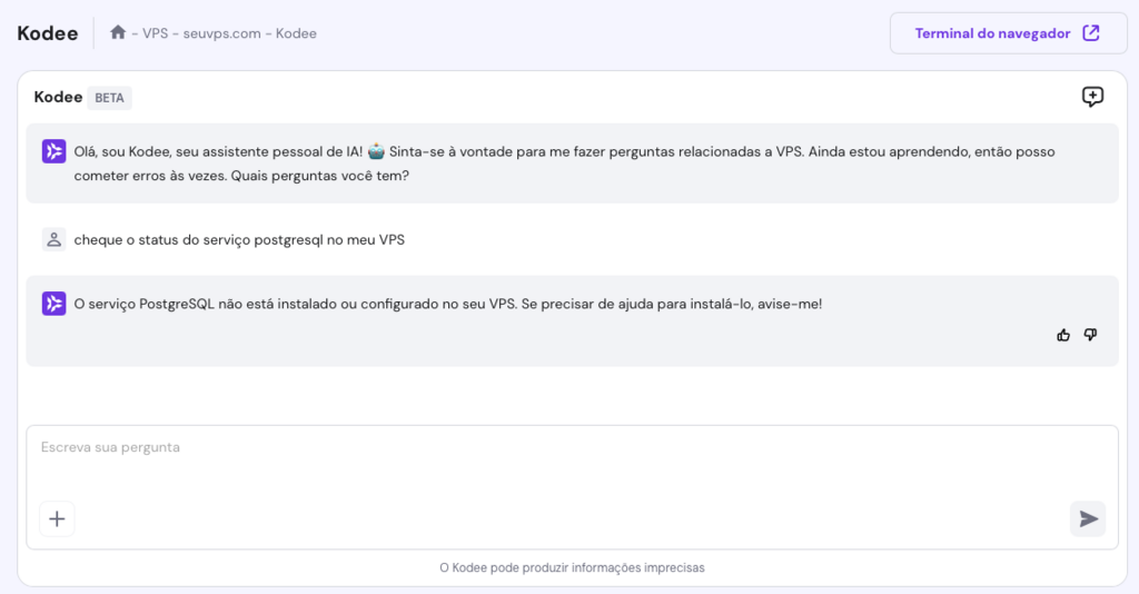 kodee exibindo status de serviço postgresql de um vps