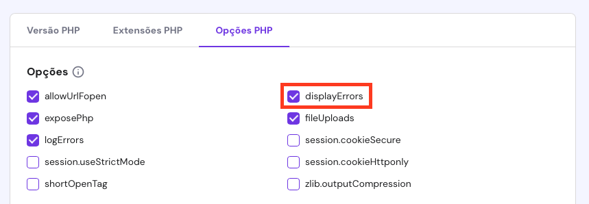 ativando a op&ccedil;&atilde;o displayerrors nos logs de erros php do hpanel