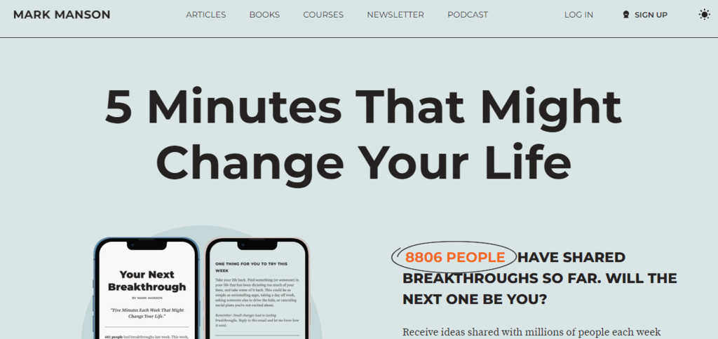 captura de tela do site do autor mark Manson
