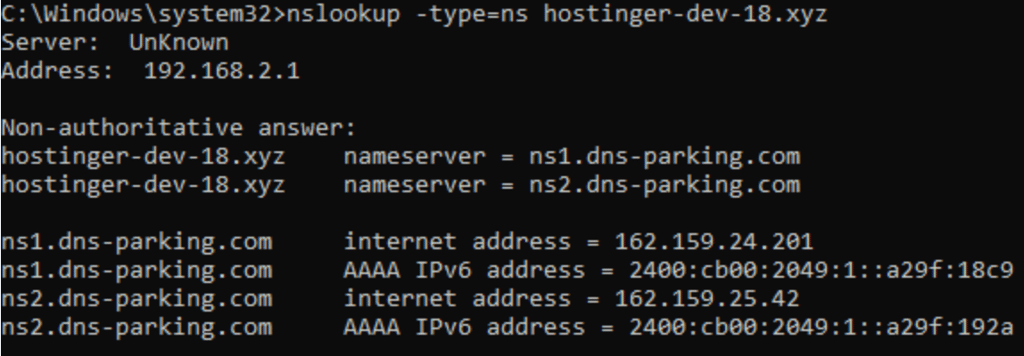 ferramenta nslookup do windows exibindo informa&ccedil;&otilde;es de nameserver do dom&iacute;nio