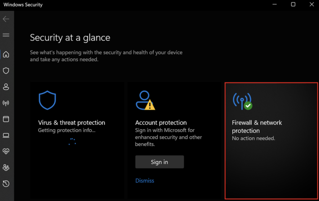 Op&ccedil;&atilde;o firewall e prote&ccedil;&atilde;o de rede nas configura&ccedil;&otilde;es do Windows security