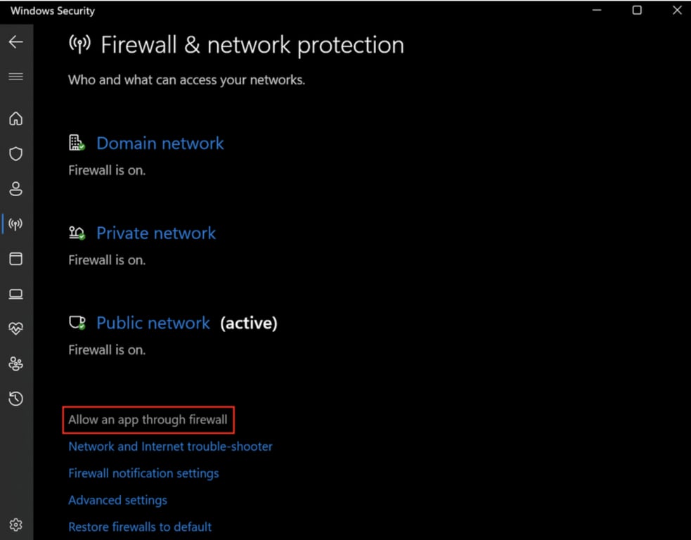 op&ccedil;&atilde;o Permitir um aplicativo por meio do firewall no windows security