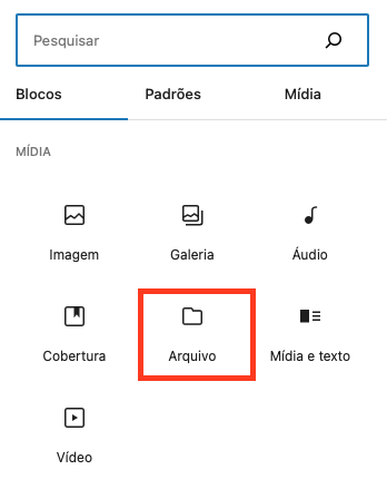 opção de enviar arquivo no editor gutenberg do wordpress