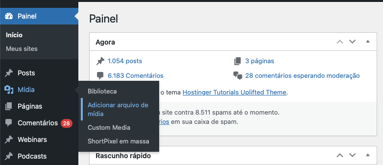 opção Adicionar Arquivo de Mídia no WordPRess