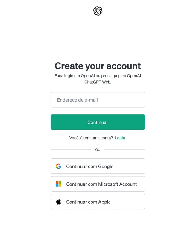 P&aacute;gina de cria&ccedil;&atilde;o de conta da OpenAI
