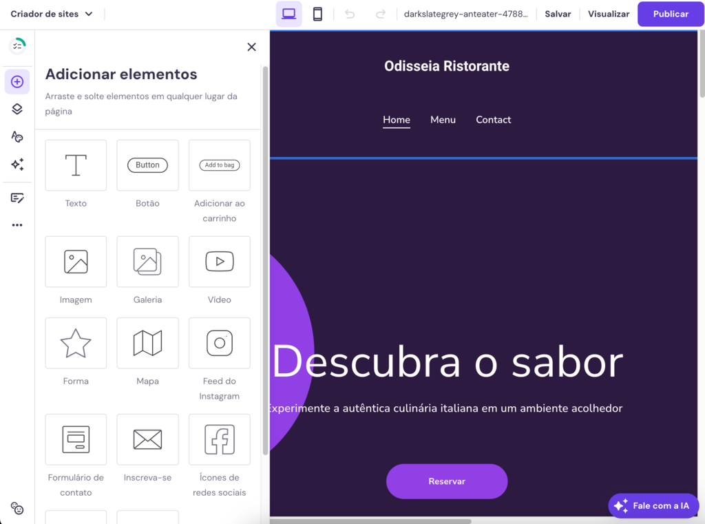 Interface do editor de arrastar e soltar do Criador de Sites da Hostinger, mostrando onde adicionar novos elementos