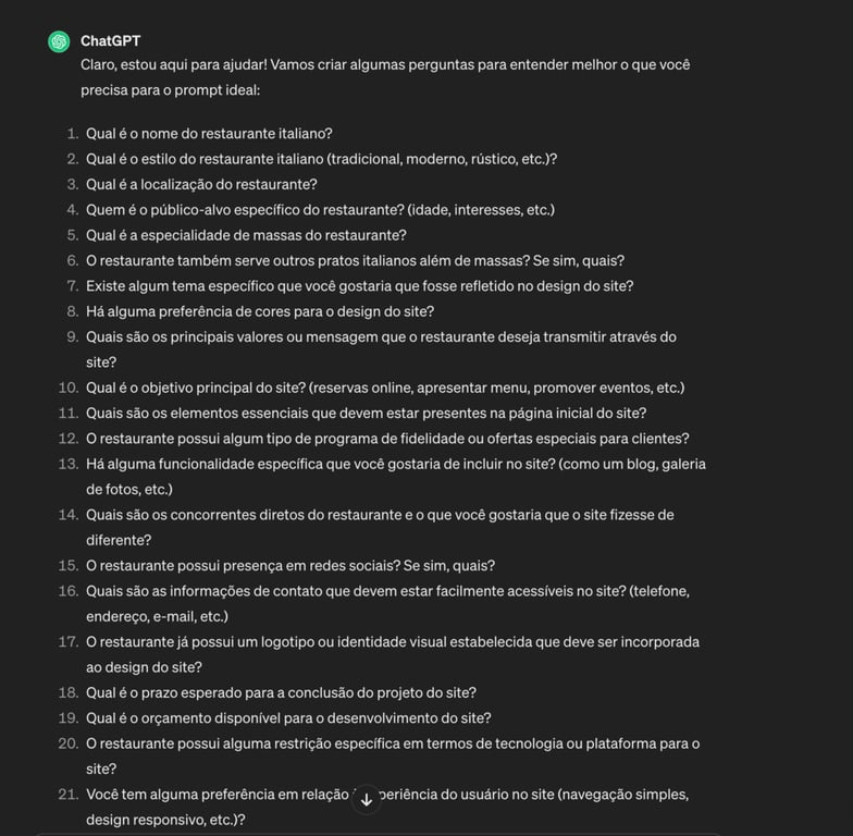 Exemplo de perguntas que o ChatGPT pode fazer para ajudar a sugerir uma estrutura de site