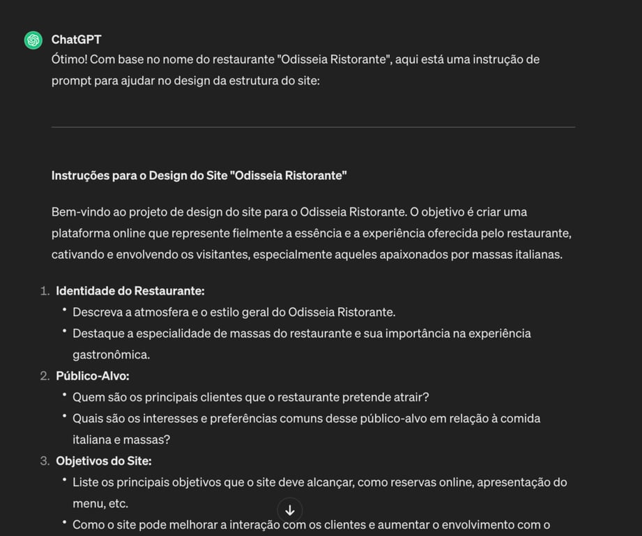 Exemplo de uma instru&ccedil;&atilde;o de prompt de design de site para o ChatGPT